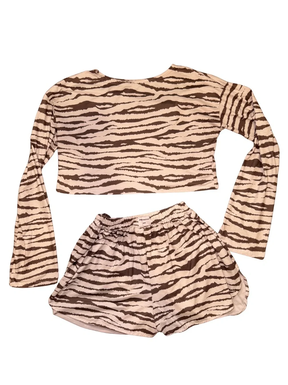 SHEIN Beige and Brown Zebra Print Long Sleeve Crop Top & Shorts Pajama Set